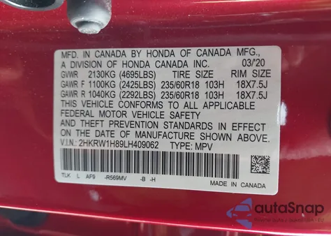 2020 Honda Cr-V 2Wd Ex-L z USA, uszkodzony, nr VIN 2HKRW1H89LH409062